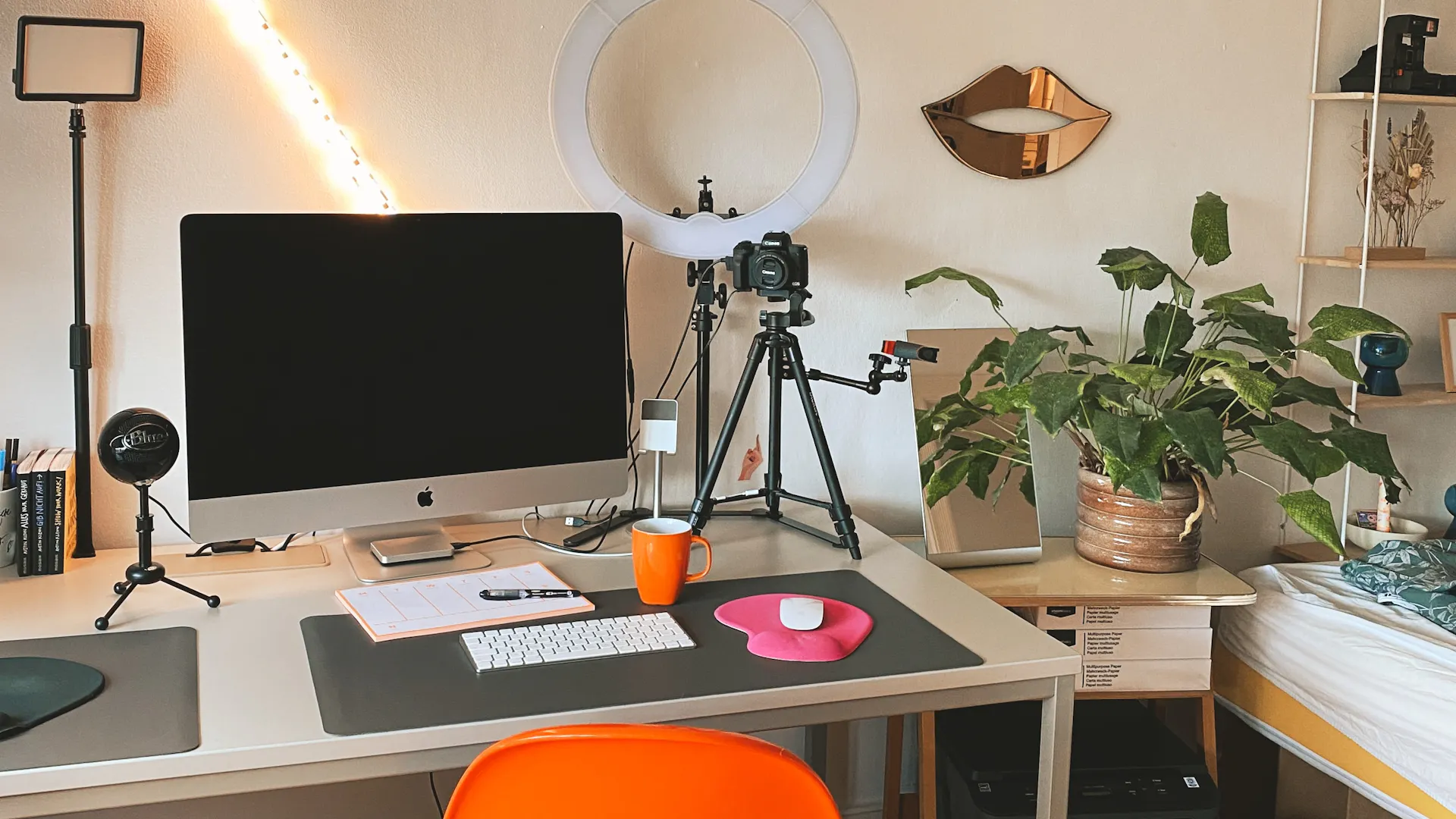 Ein schlichtes Streaming Setup mit beige Tönen ohne RGB Elemente.