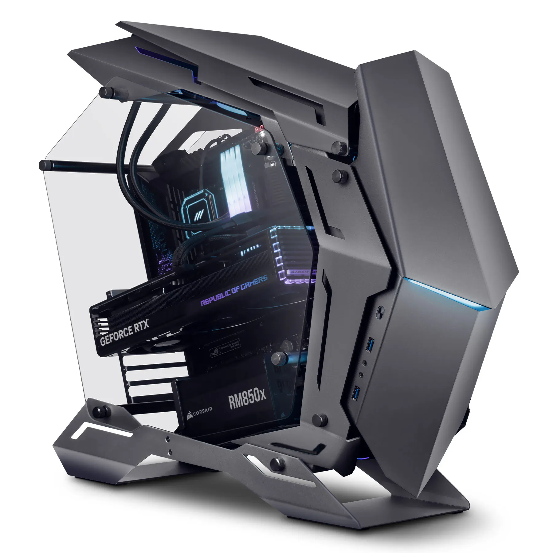 Ein ausgfallenes PC Case mit vielen abstehenden Ecken und Kanten im Cyber Look.  