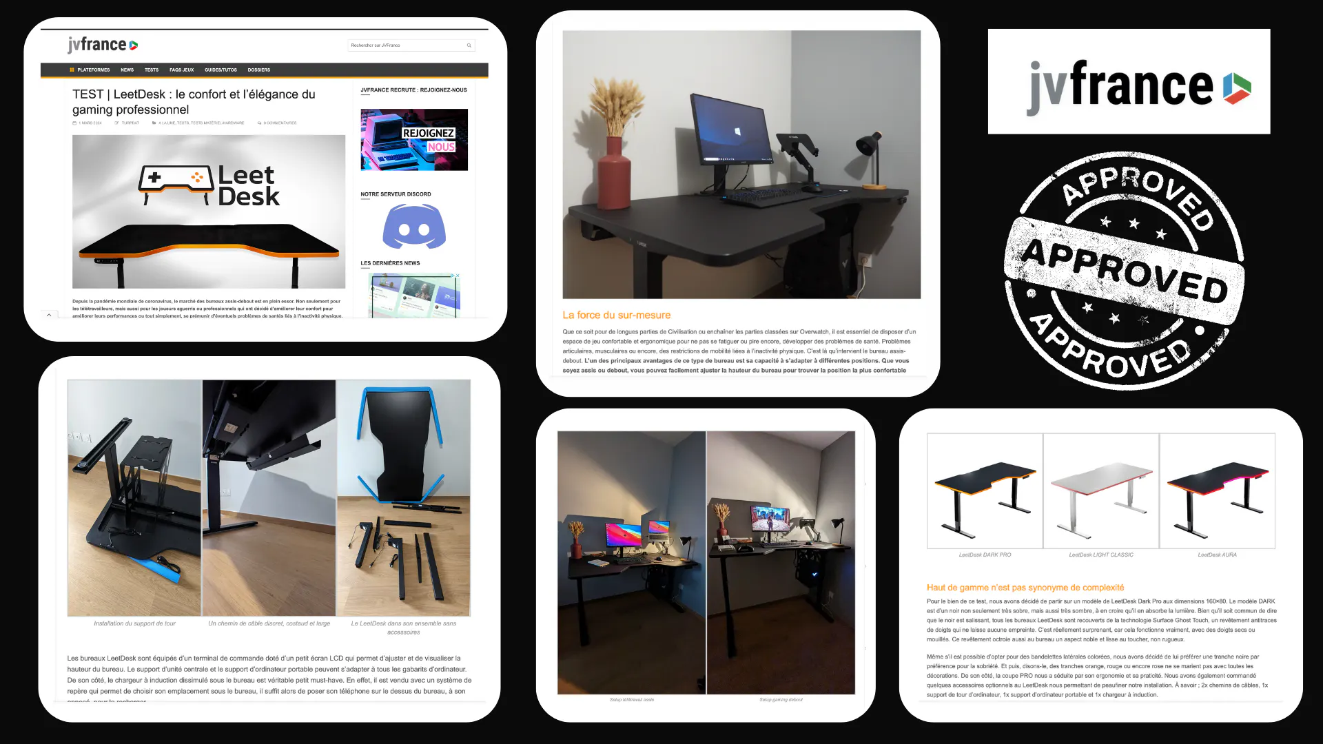 A collage showcases parts of the review where JVFrance praises the LeetDesk!