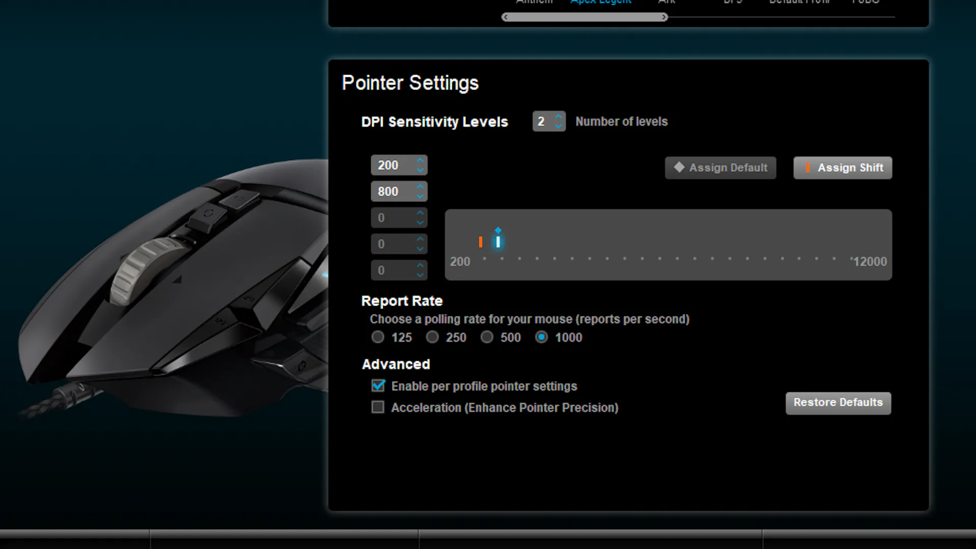 Eine Software mit Gaming Maus Einstellungen einem einzelnen DPI Slider. | Credit: Logitech.