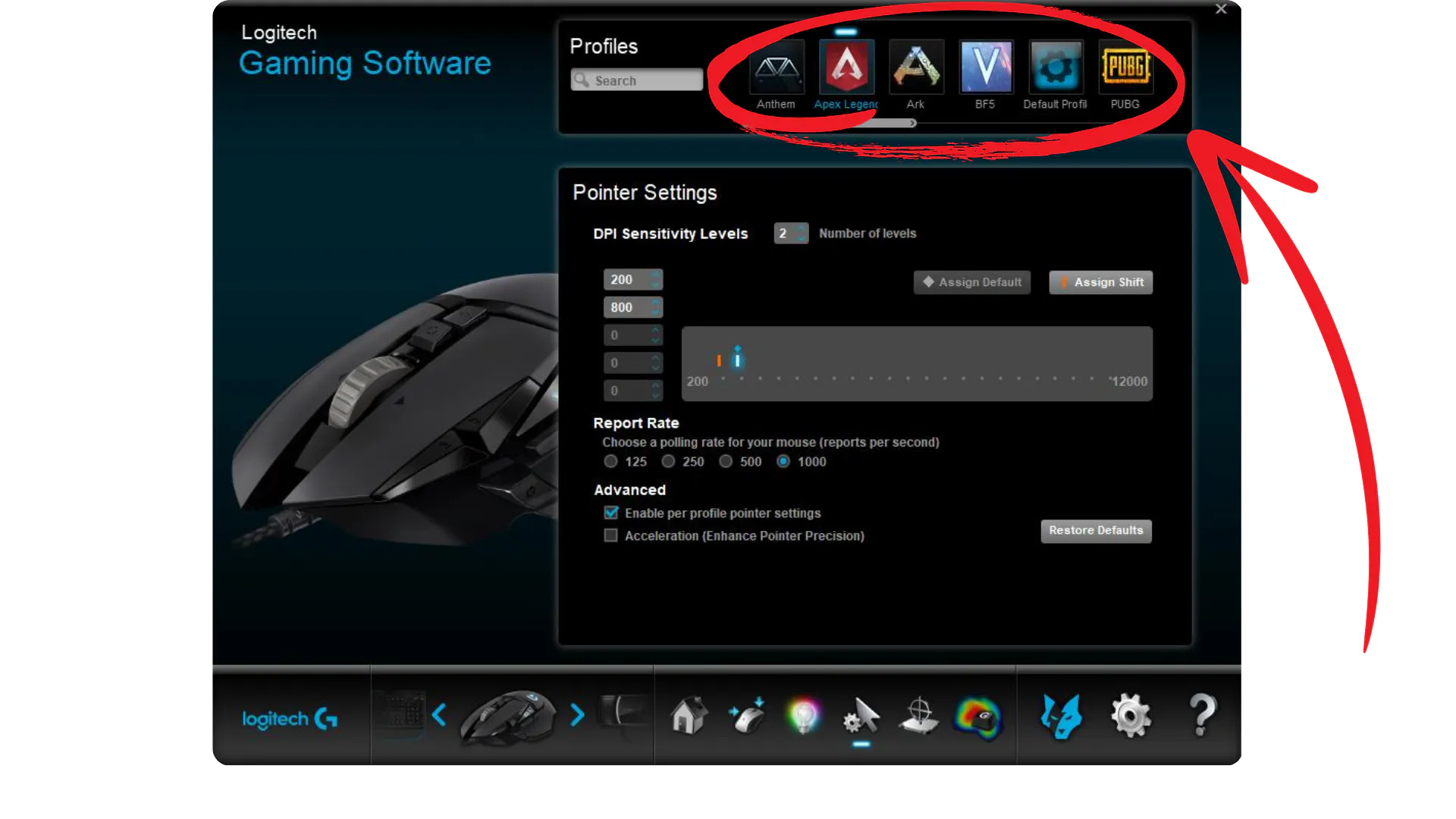 In einer Gaming Maus Software sind die verschiedenen Spiel-Profile eingekreist. | Credit: Logitech. 