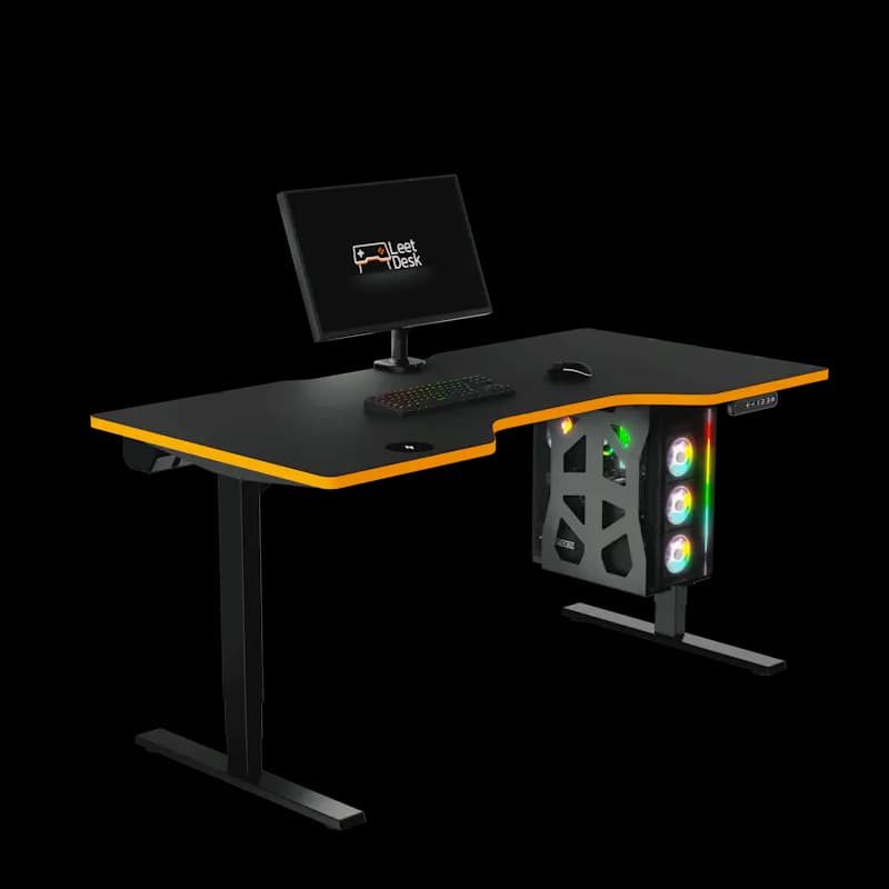 leetdesk pro computer desk for gamers with cockpit cutout, black color and orange accents