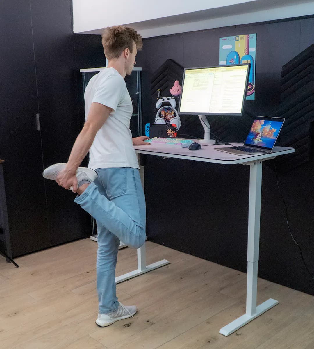 ergonomic gaming desk leetdesk entry with gamer stretching at table