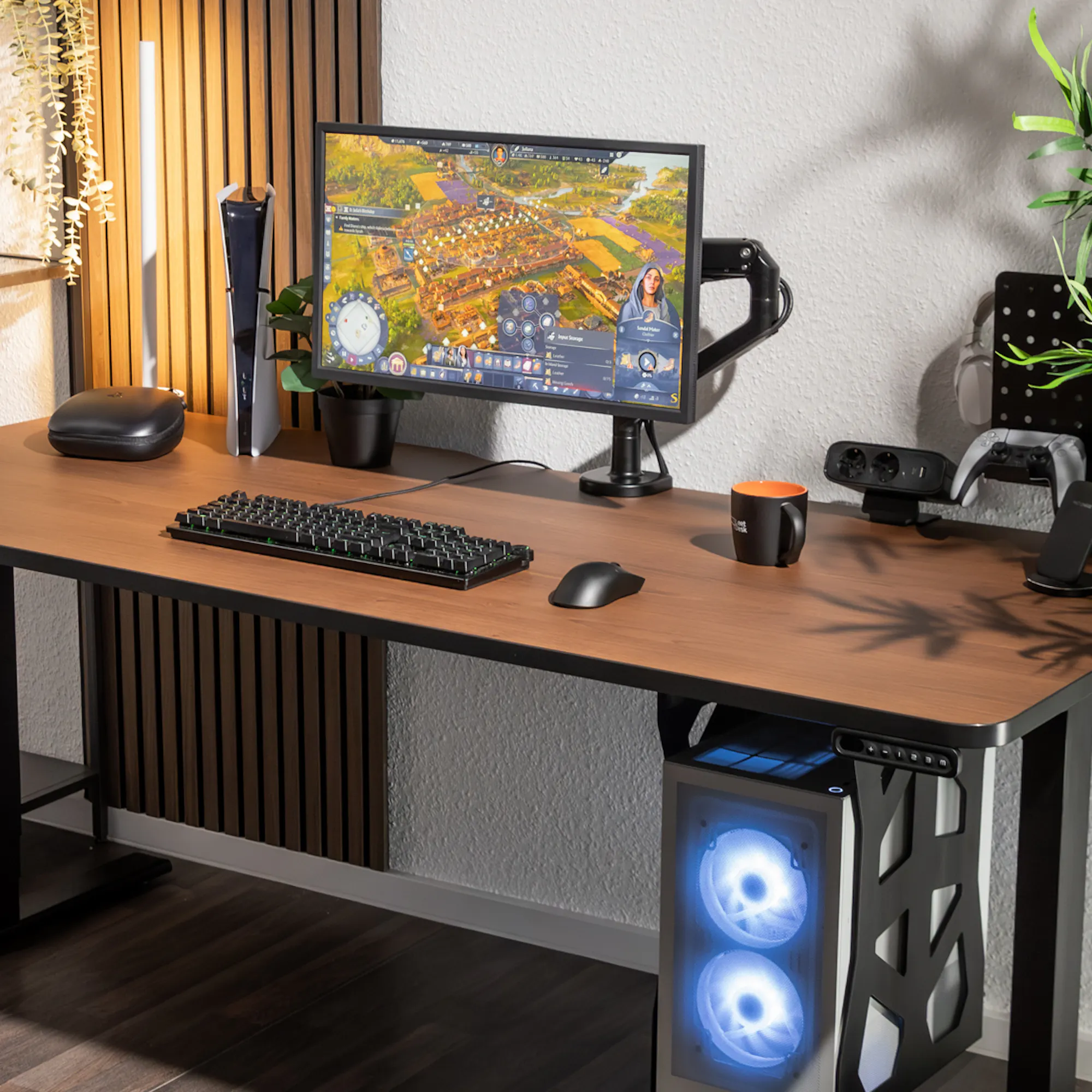 LeetDesk Pro Cockpit in Dunkel-Holz mit schwarzem Kantenband