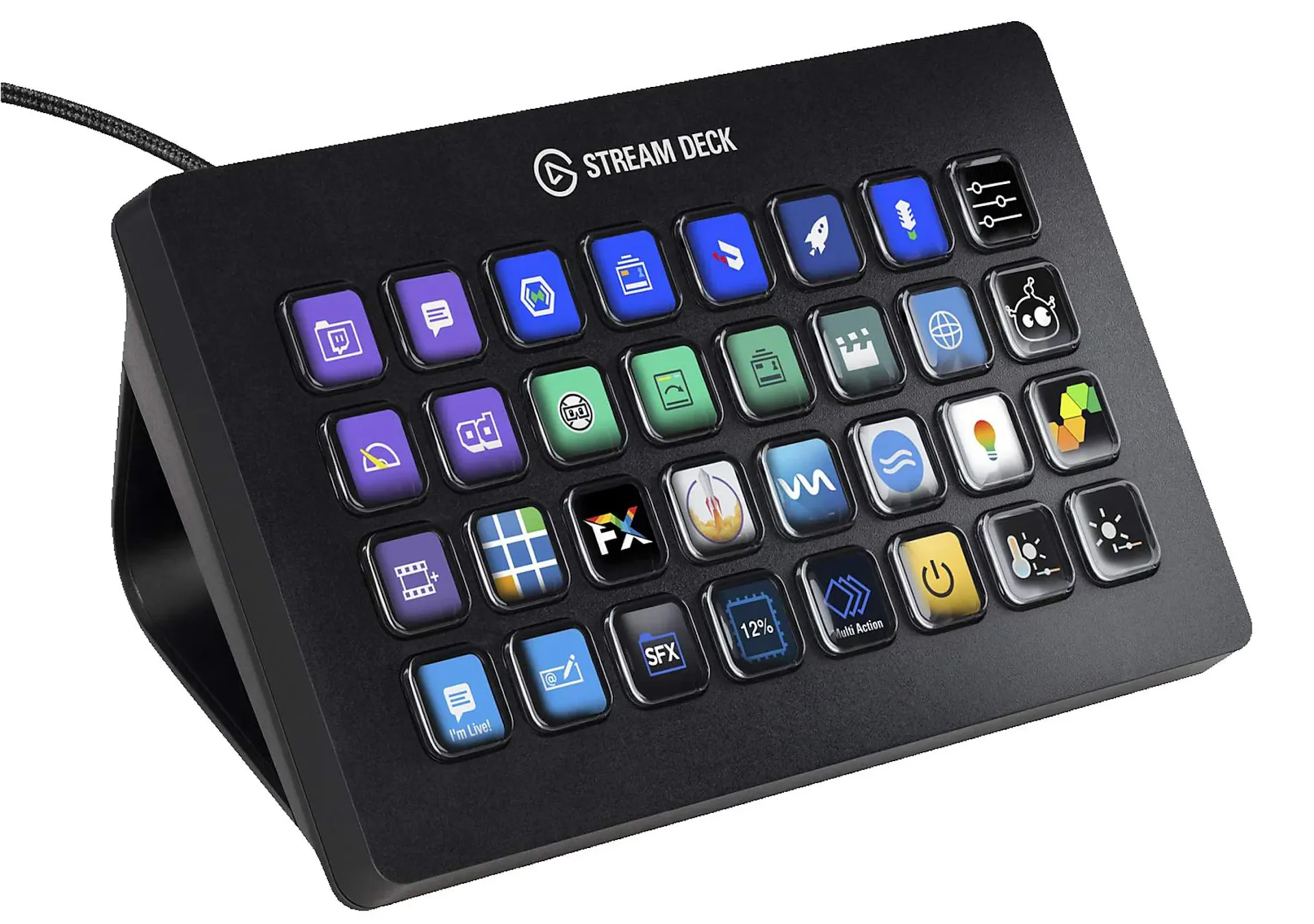 Ein schwarzes Stream Deck von elgato, mit vielen bunten Knöpfen und Funktionen.