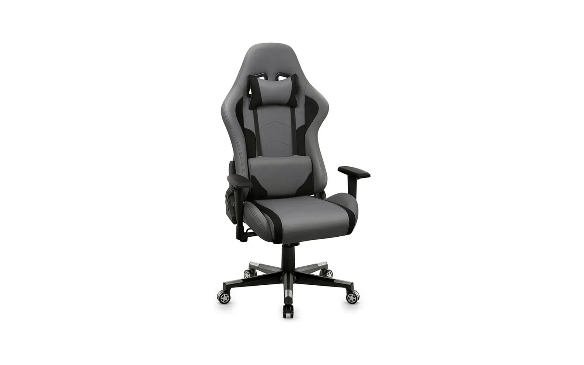 Grau-schwarzer Gaming Stuhl in klassischer "Racing" Form.
