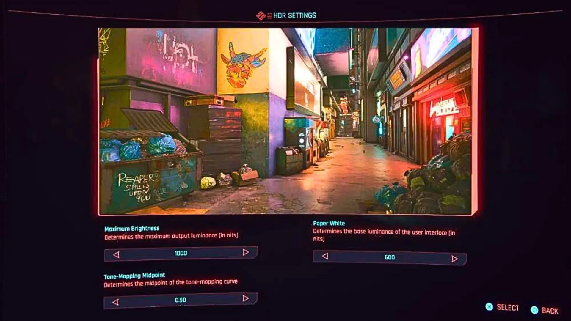 Ein Screenshot der Farbeinstellungen im Spiel Cyberpunk 2077